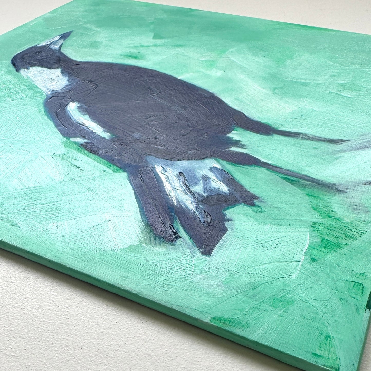 closeup of an original oil painting of a navy blue and white magpie on a textured minty green background