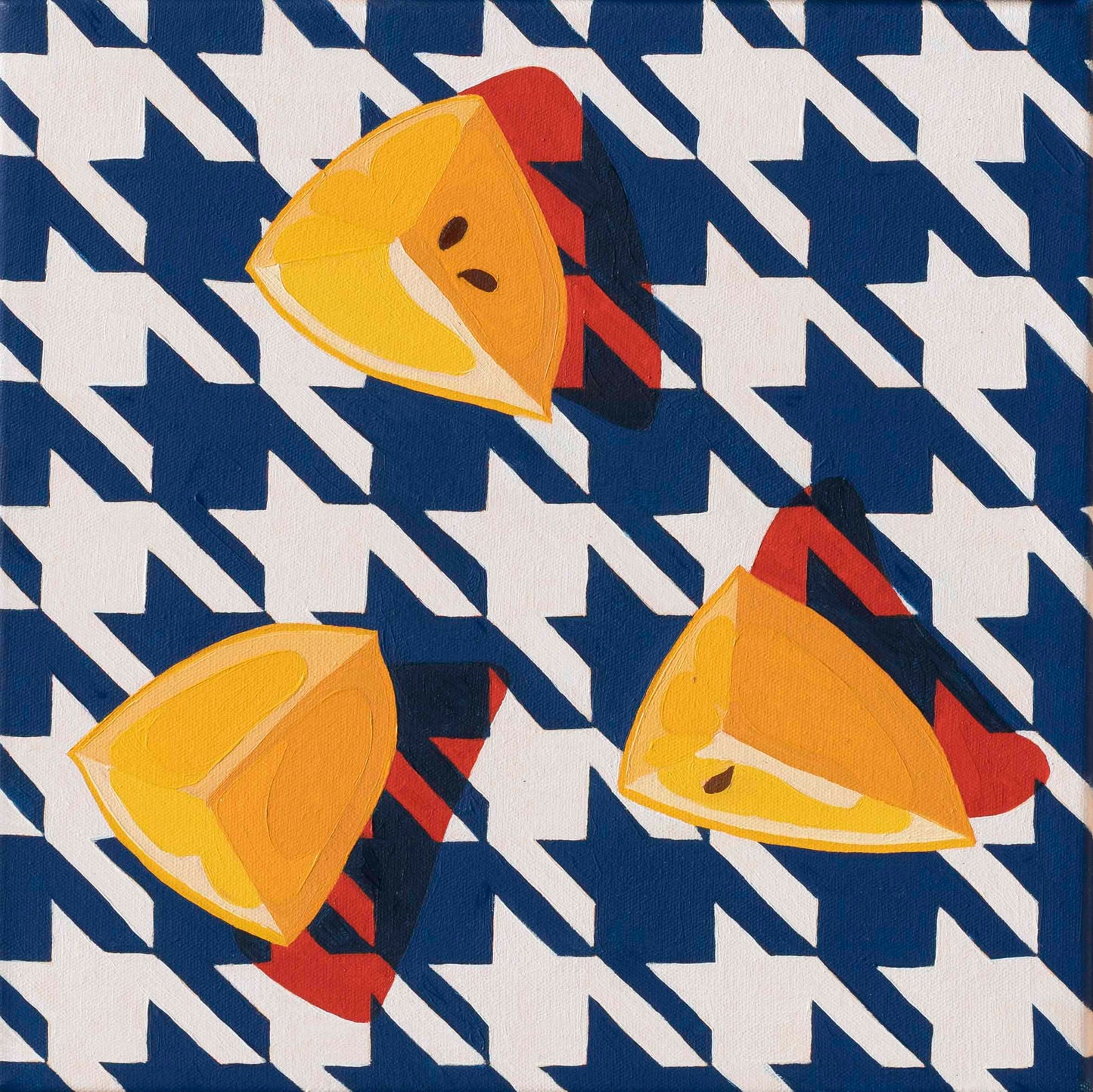 original oil painting of three wedges of yellow lemons on a navy blue and white houndstooth background with strong red shadows