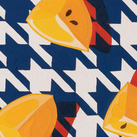 closeup of an original oil painting of three wedges of yellow lemons on a navy blue and white houndstooth background with strong red shadows