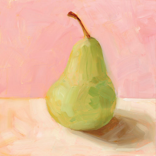 fine art print of a colorful and modern original oil painting of a soft green pear on a pink and cream background with shadows