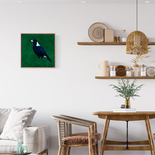 fine art canvas print of an original oil painting of a magpie bird in an emerald green textured background
