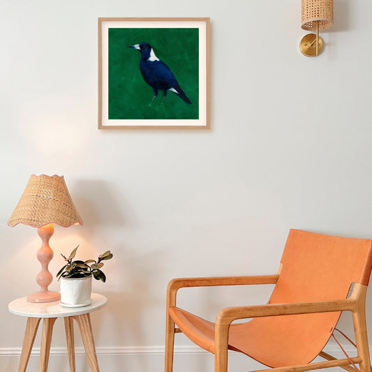 fine art paper print of an original oil painting of a magpie bird with a bright emerald green background