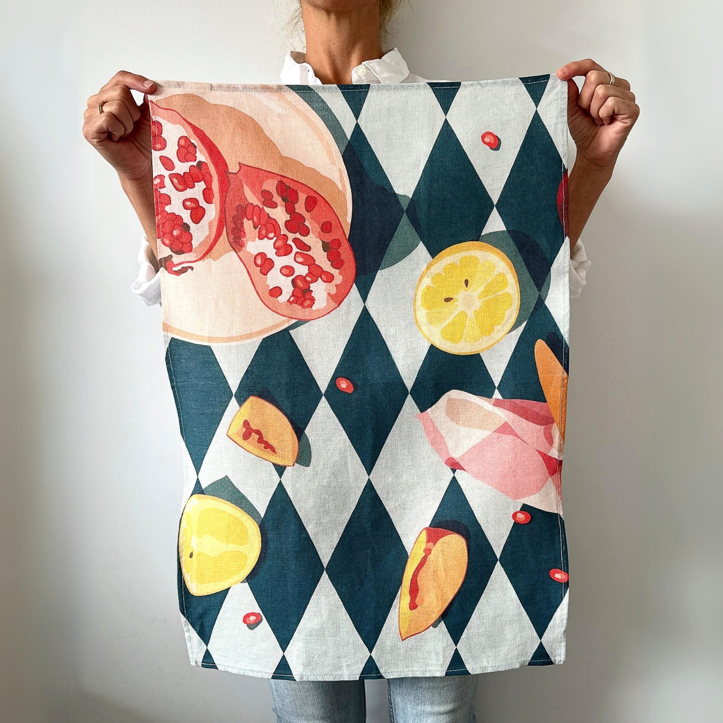 Linen Tea Towel - Pomegranate, Citrus and Stone Fruit