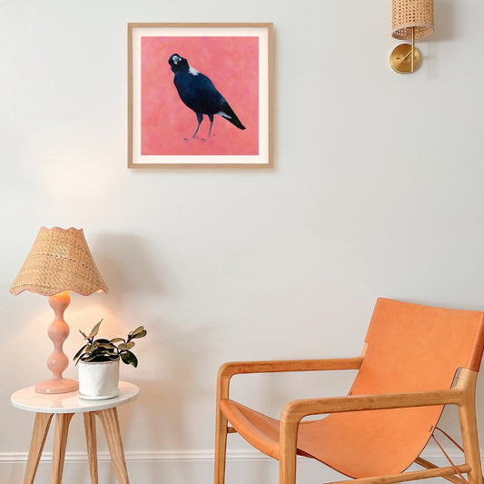 fine art acid free paper print on archival paper of a magpie with a textured pink background