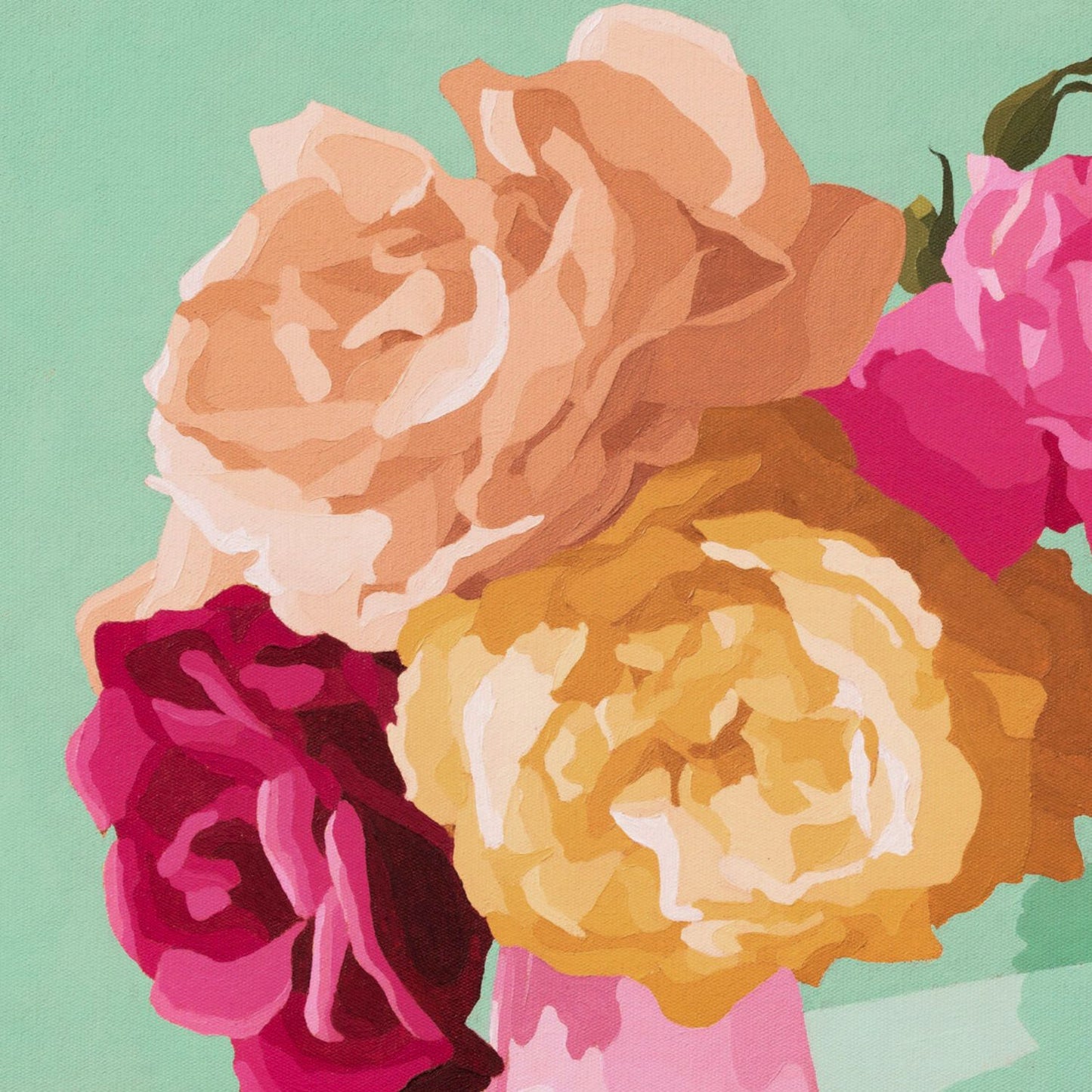 original oil painting of roses on a vase with a soft aqua background