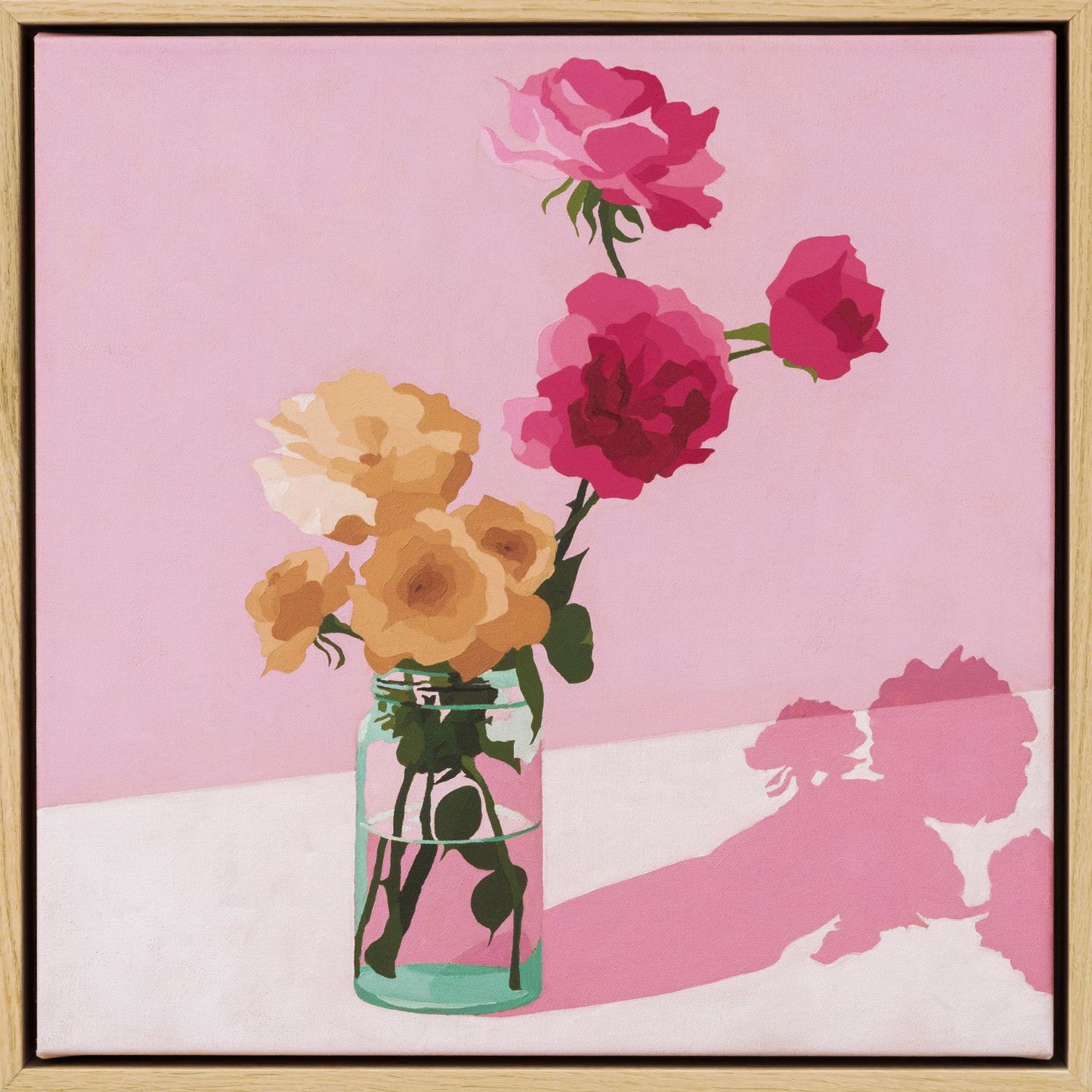 original oil painting of roses in a vase on a soft pink background