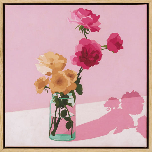 original oil painting of roses in a vase on a soft pink background