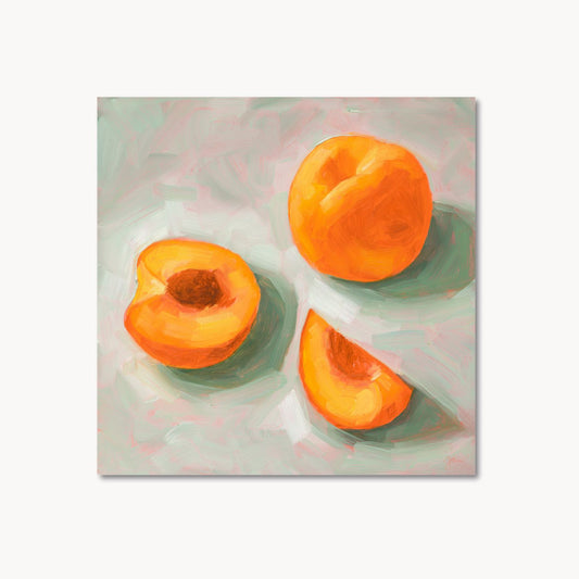 modern and contemporary oil painting of stone fruit like bright orange apricots on a textured minty green background with pink showing through