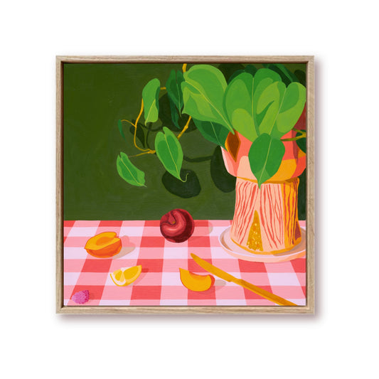 contemporary modern original oil painting of colourful fruits on a deep green background