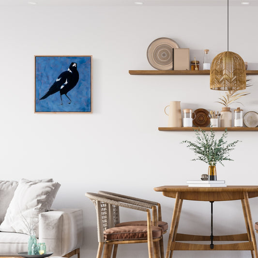 fine art canvas print of an original oil painting of a magpie bird in an emerald green textured background