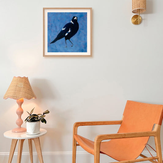 fine art paper print of an original oil painting of a magpie bird in an soft blue textured background