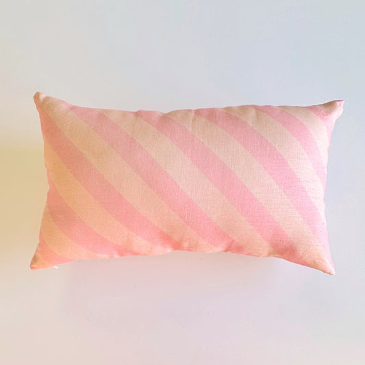 100% linen cushion with pink scallops, pink and peachy stripes and hand painted flowers