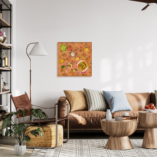 fine art print of an original oil painting of a dinner with tacos, avocado, lemon and lime slices, sour cream and a margarita drink on a green Fazeek glass