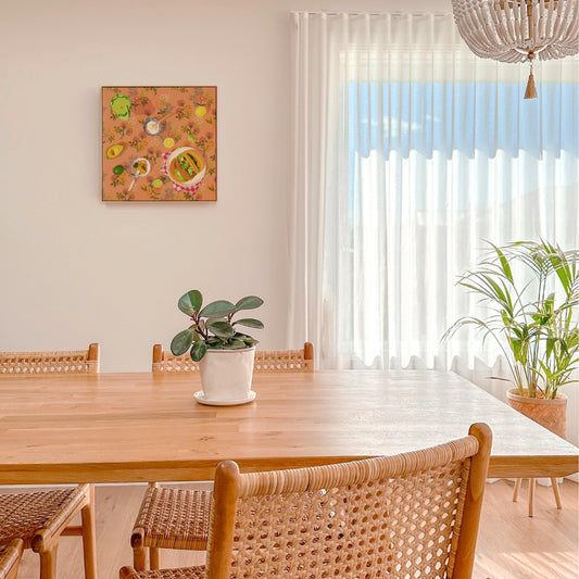 fine art print of an original oil painting of a dinner with tacos, avocado, lemon and lime slices, sour cream and a margarita drink on a green Fazeek glass