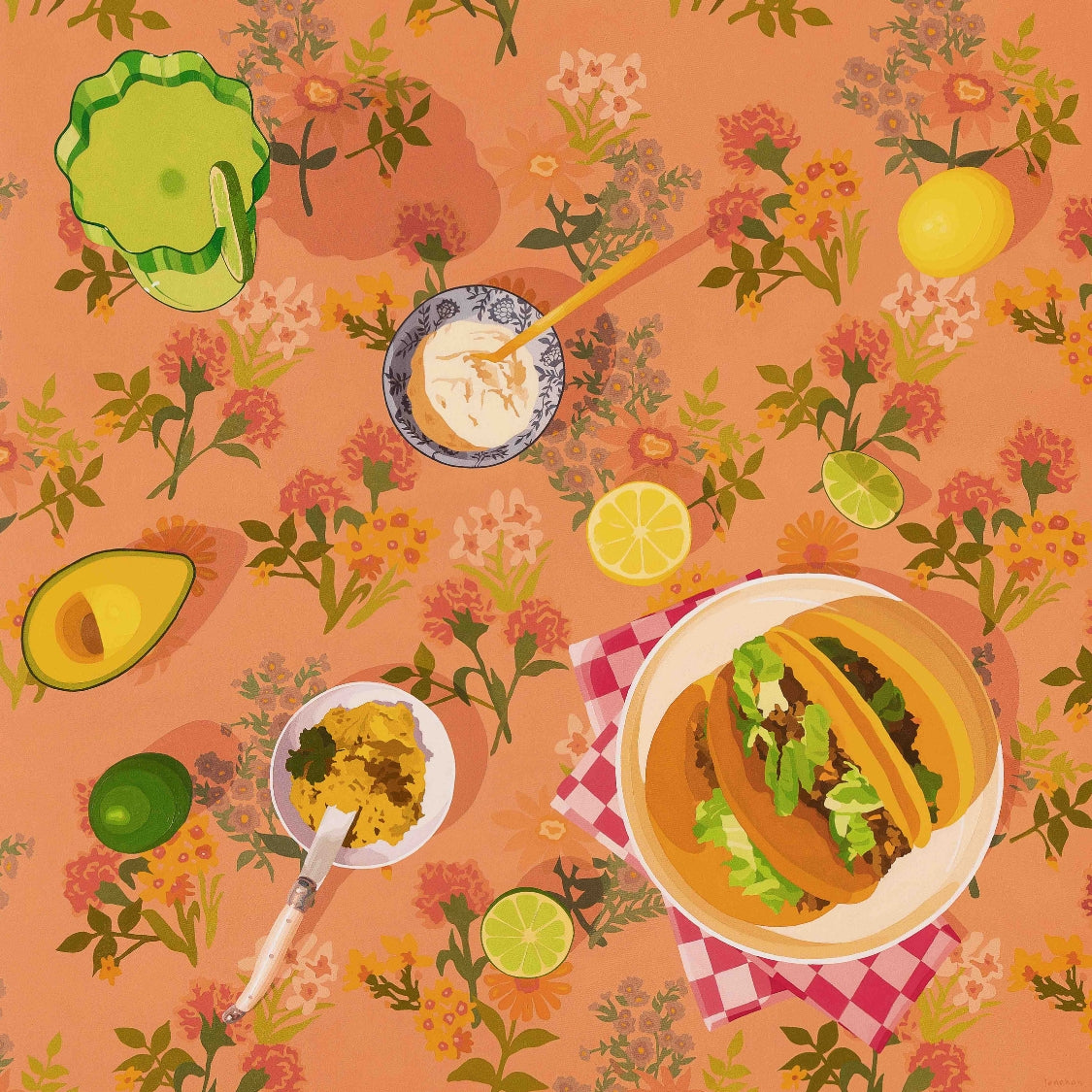 fine art print of an original oil painting of a family dinner of tacos, avocado, sour cream, slices of lemons and limes and a margarita drink in a green Fazeek glass