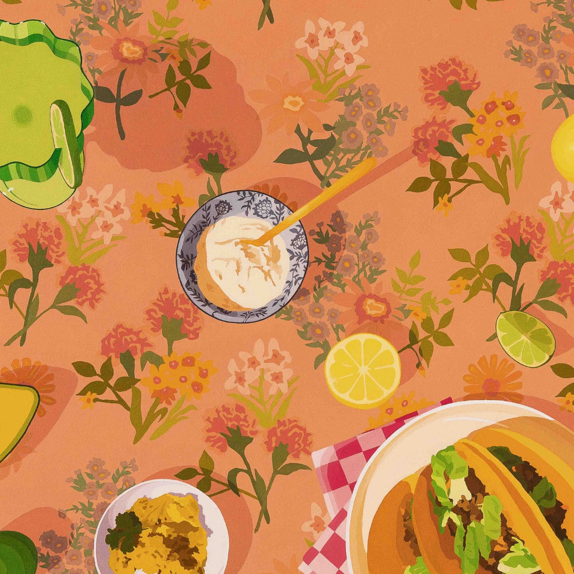 fine art print of an original oil painting of a family dinner of tacos, avocado, sour cream, slices of lemons and limes and a margarita drink in a green Fazeek glass