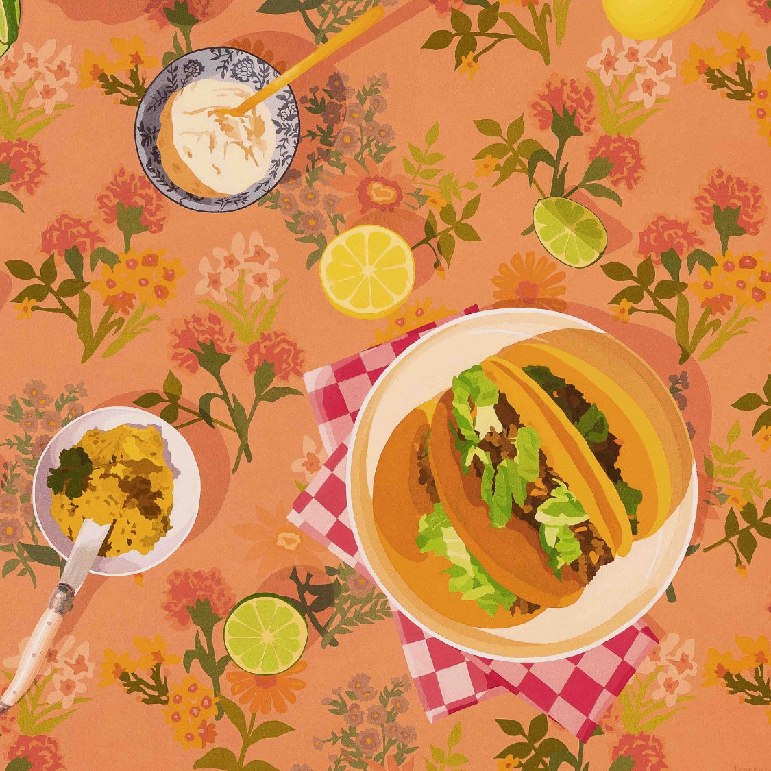 fine art print of an original oil painting of a family dinner of tacos, avocado, sour cream, slices of lemons and limes and a margarita drink in a green Fazeek glass