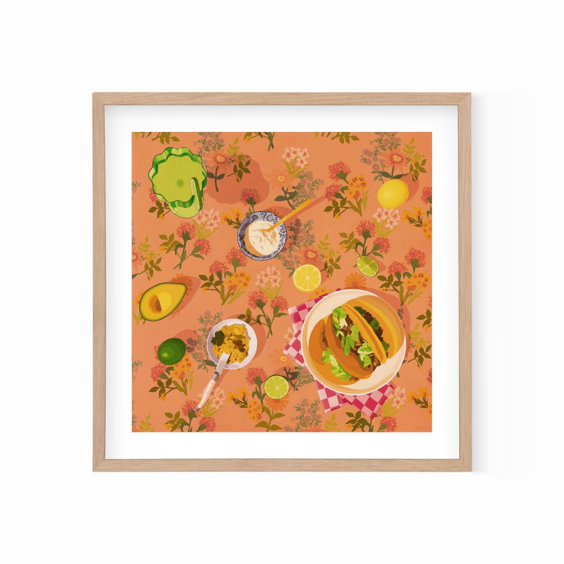 fine art print of an original oil painting of a family dinner of tacos, avocado, sour cream, slices of lemons and limes and a margarita drink in a green Fazeek glass