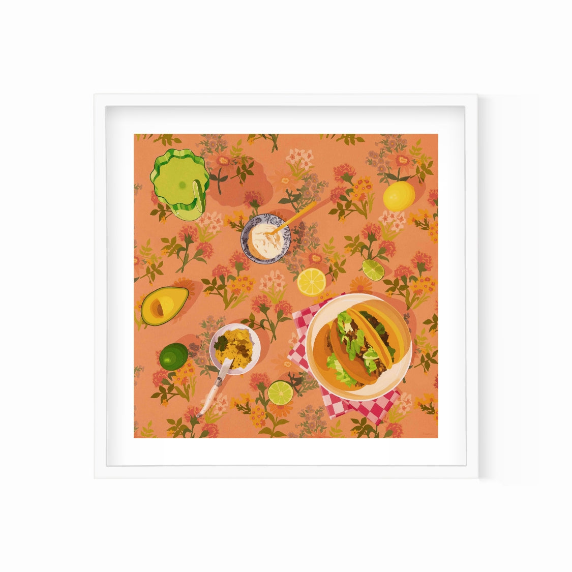 fine art print of an original oil painting of a family dinner of tacos, avocado, sour cream, slices of lemons and limes and a margarita drink in a green Fazeek glass