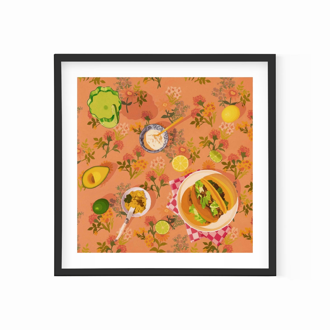 fine art print of an original oil painting of a family dinner of tacos, avocado, sour cream, slices of lemons and limes and a margarita drink in a green Fazeek glass