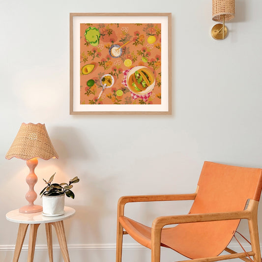 fine art print of an original oil painting of a family dinner of tacos, avocado, sour cream, slices of lemons and limes and a margarita drink in a green Fazeek glass