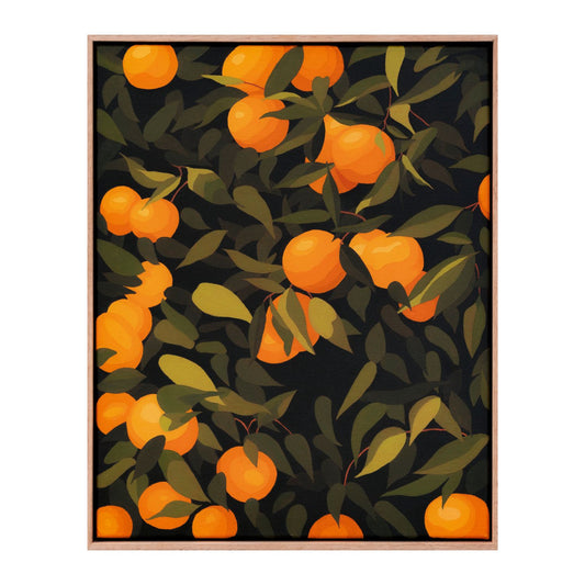original oil painting of mandarines with green leaves on a dark green background