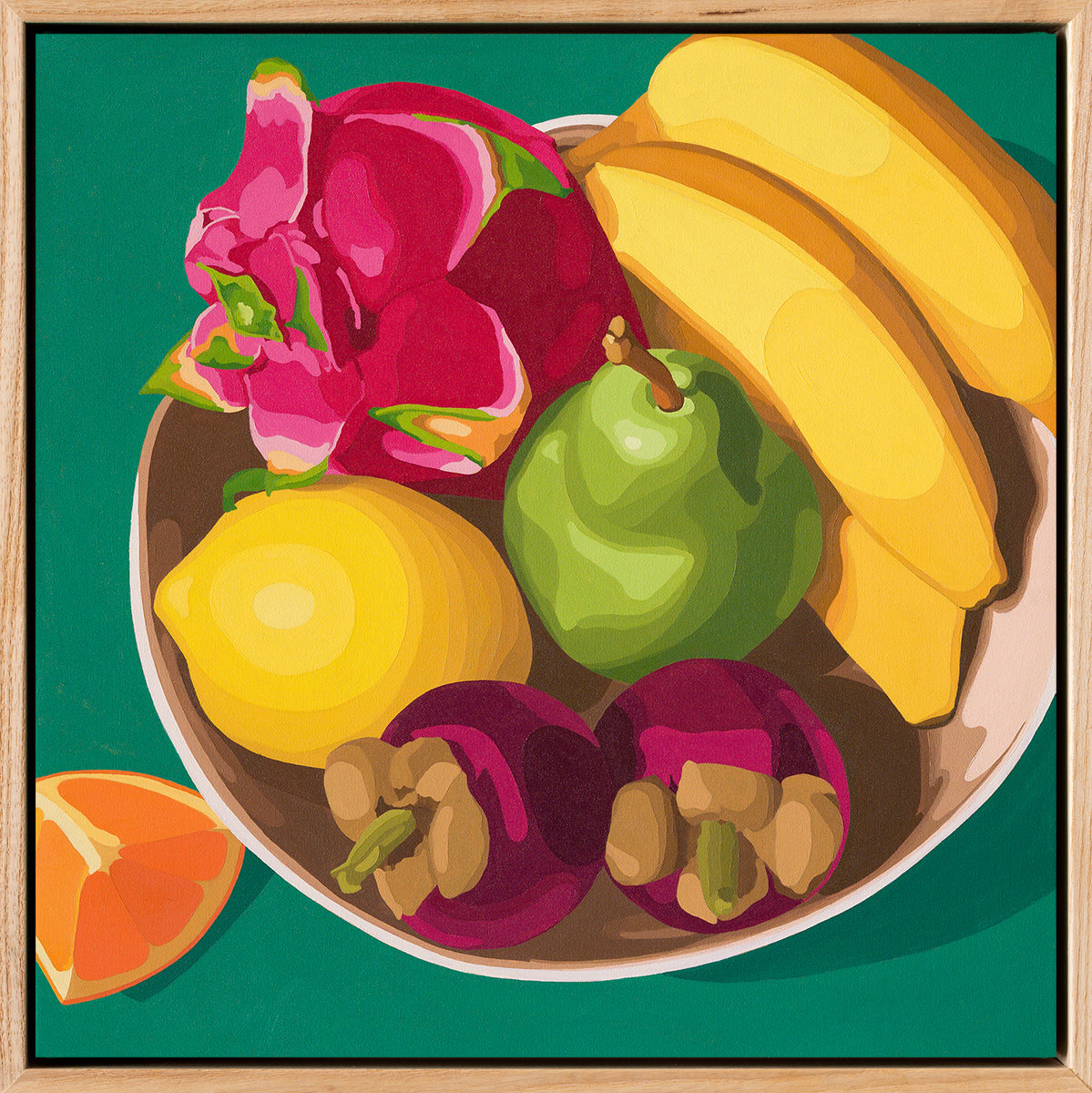 fine art print of a colorful and modern original oil painting of bright and vibrant yellow lemon green pear pink dragonfruit purple mangosteens yellow bananas orange slice on a teal background with strong shadows