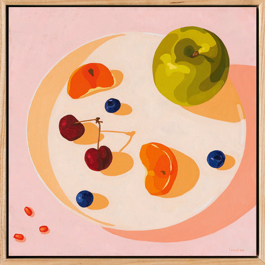 fine art print of a colorful and modern original oil painting of bright and vibrant green apple mandarin slices cherries and blueberries with pomegranate seeds on a cream plate and pink background with strong shadows