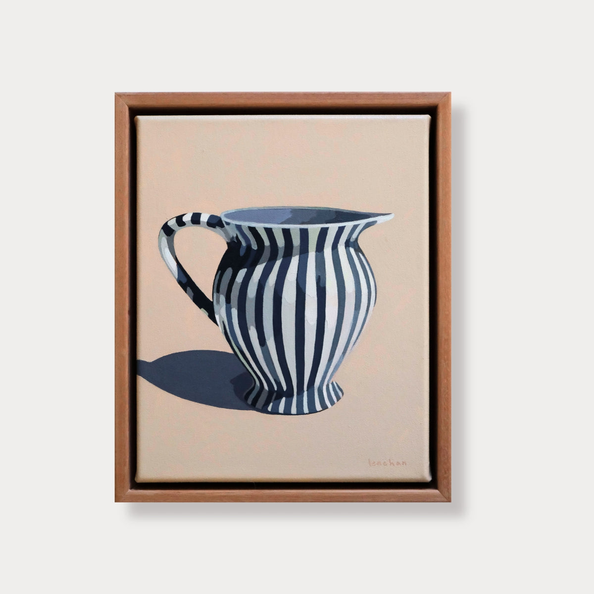 original oil painting of a vase with blue stripes over white, with a soft cream background