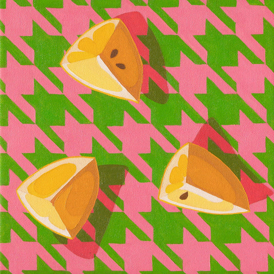 original oil painting of three yellow lemon wedges laying on a bright pink and green background with strong shadows