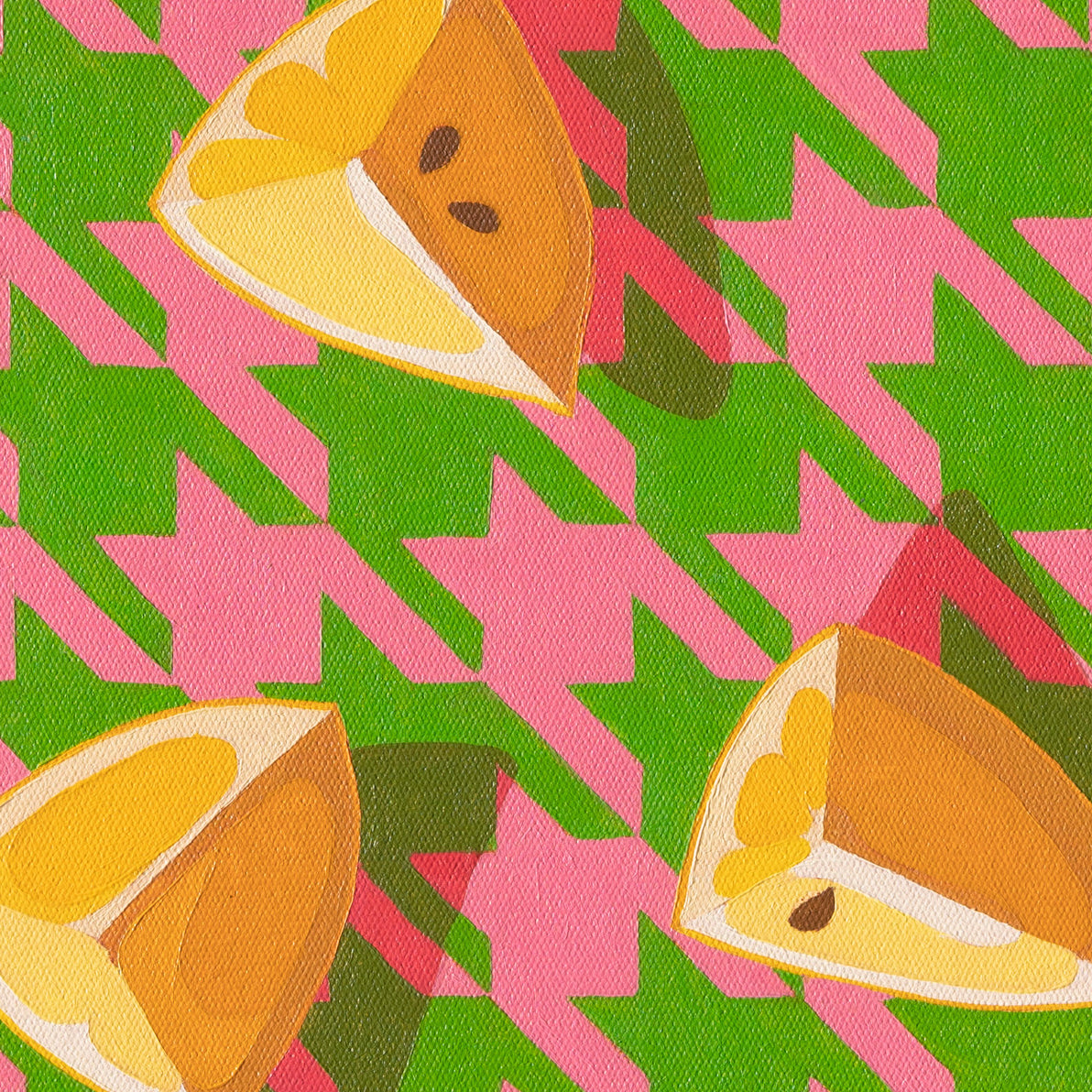 closeup of an original oil painting of three yellow lemon wedges laying on a bright pink and green background with strong shadows