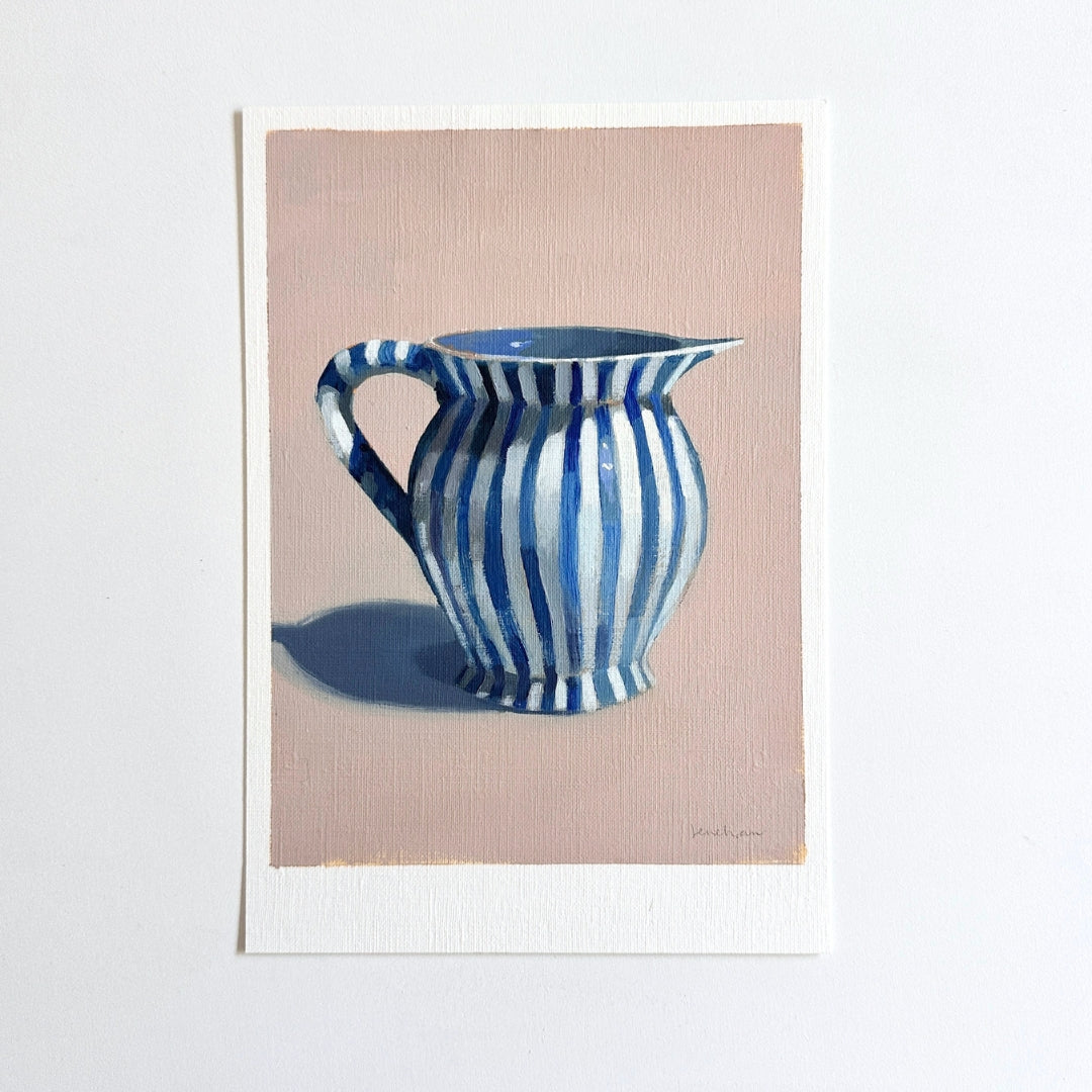 original oil painting of a vase with blue stripes, on a neutral background