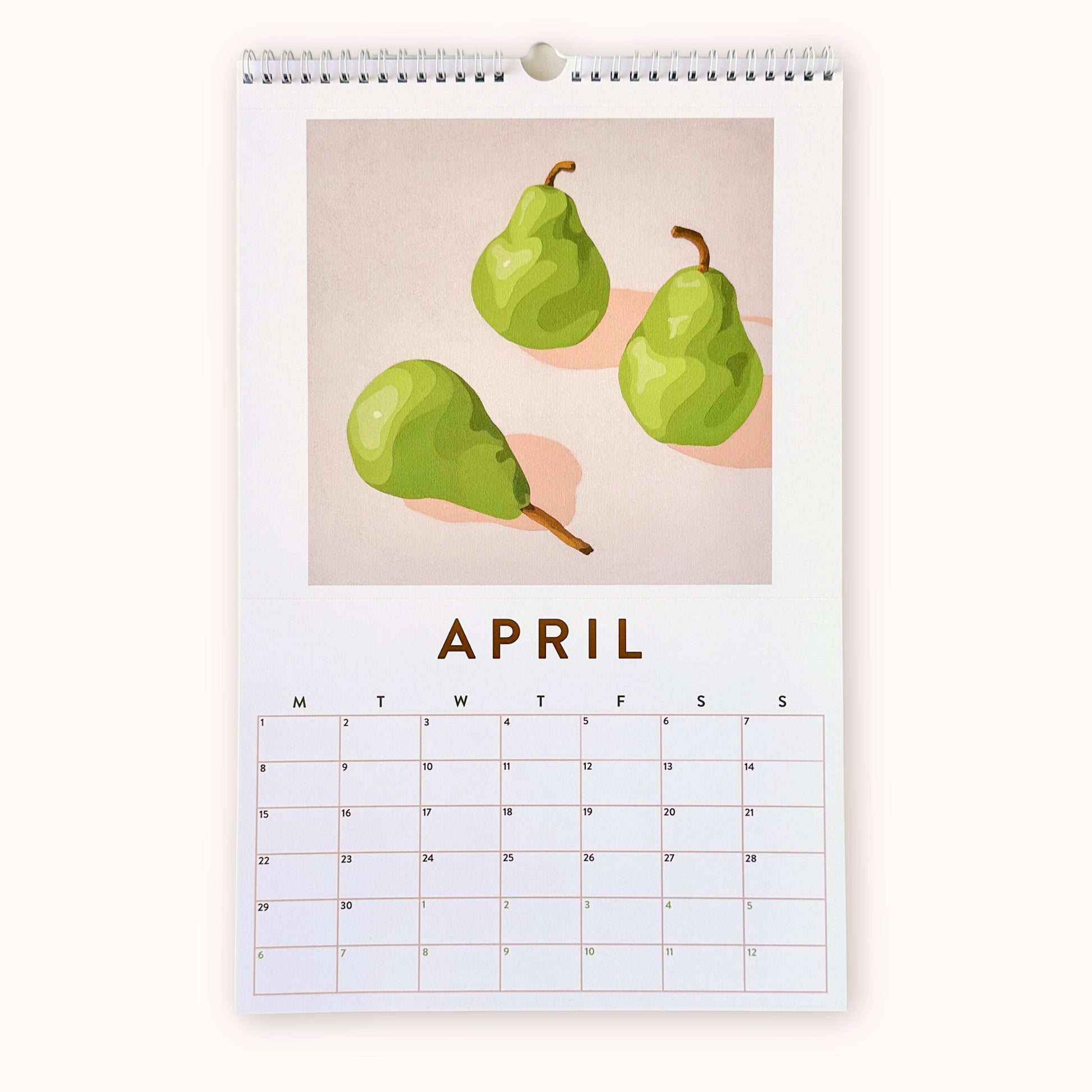 2024 art wall calendar in A3 size for the month of April, featuring a still life oil painting of green pears on a creamy background with strong shadows