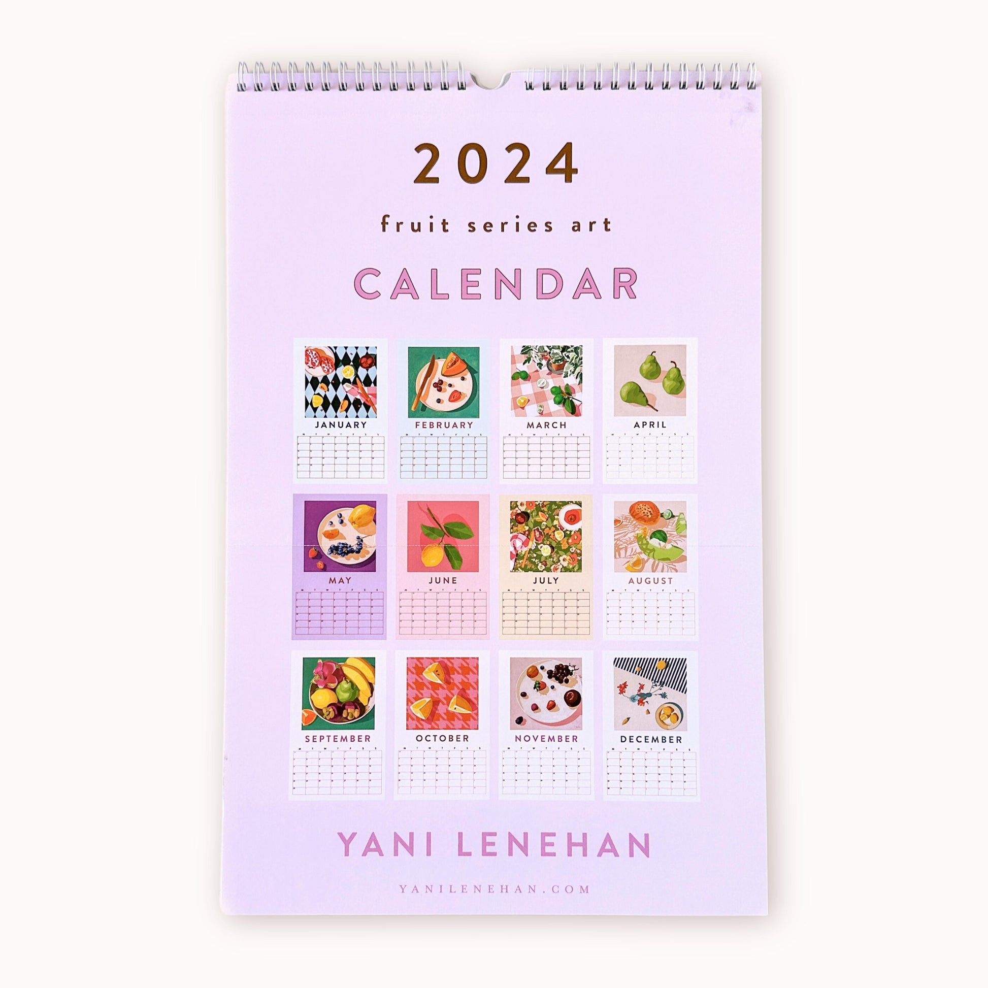 2024 art wall calendar back cover in A3 size featuring the 12 internal month pages with each month original oil painting artwork