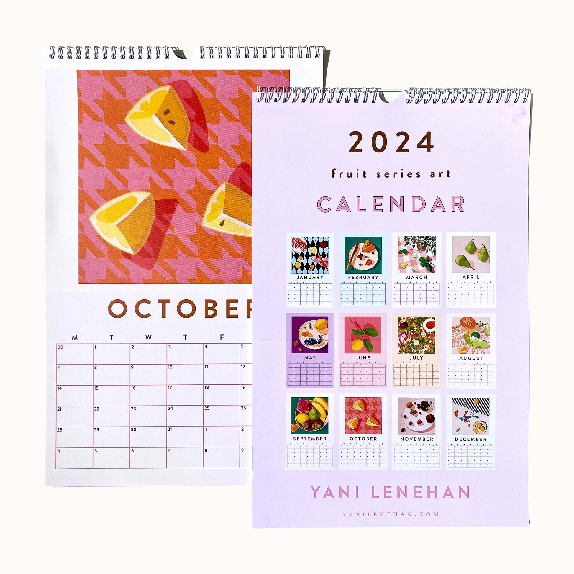 2024 art wall calendar back cover in A3 size featuring the 12 internal month pages with each month original oil painting artwork