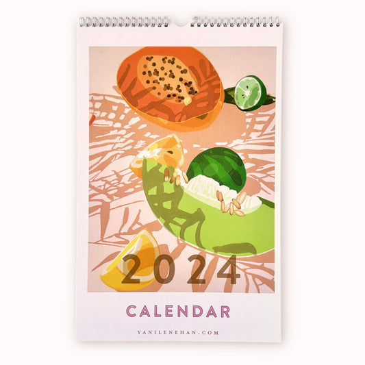 2024 art wall calendar in A3 size featuring a still life oil painting of fruits such as papaya, rock melon, lemons and limes on a cream background with strong leaves shadows