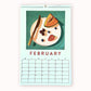 2024 art wall calendar for the month of February in A3 size featuring a still life oil painting of fruits such as orange rock melon, grapes, blueberries and strawberries, with a knife on a cream plate sitting on a teal background with strong shadows