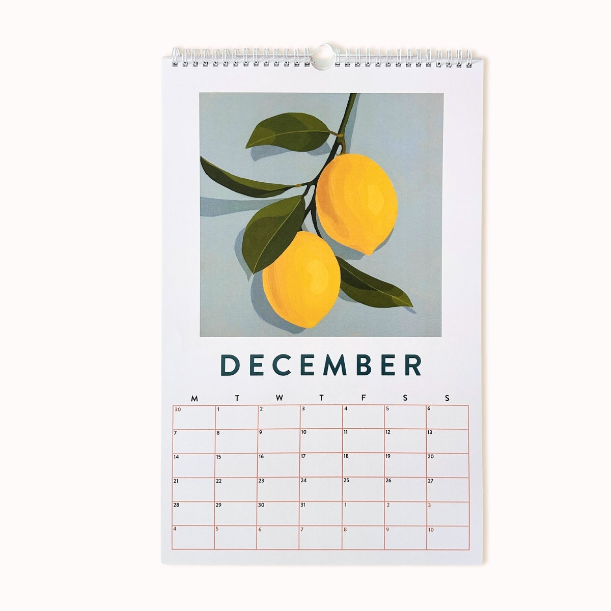 Calendar for December with a lemon design on a white background