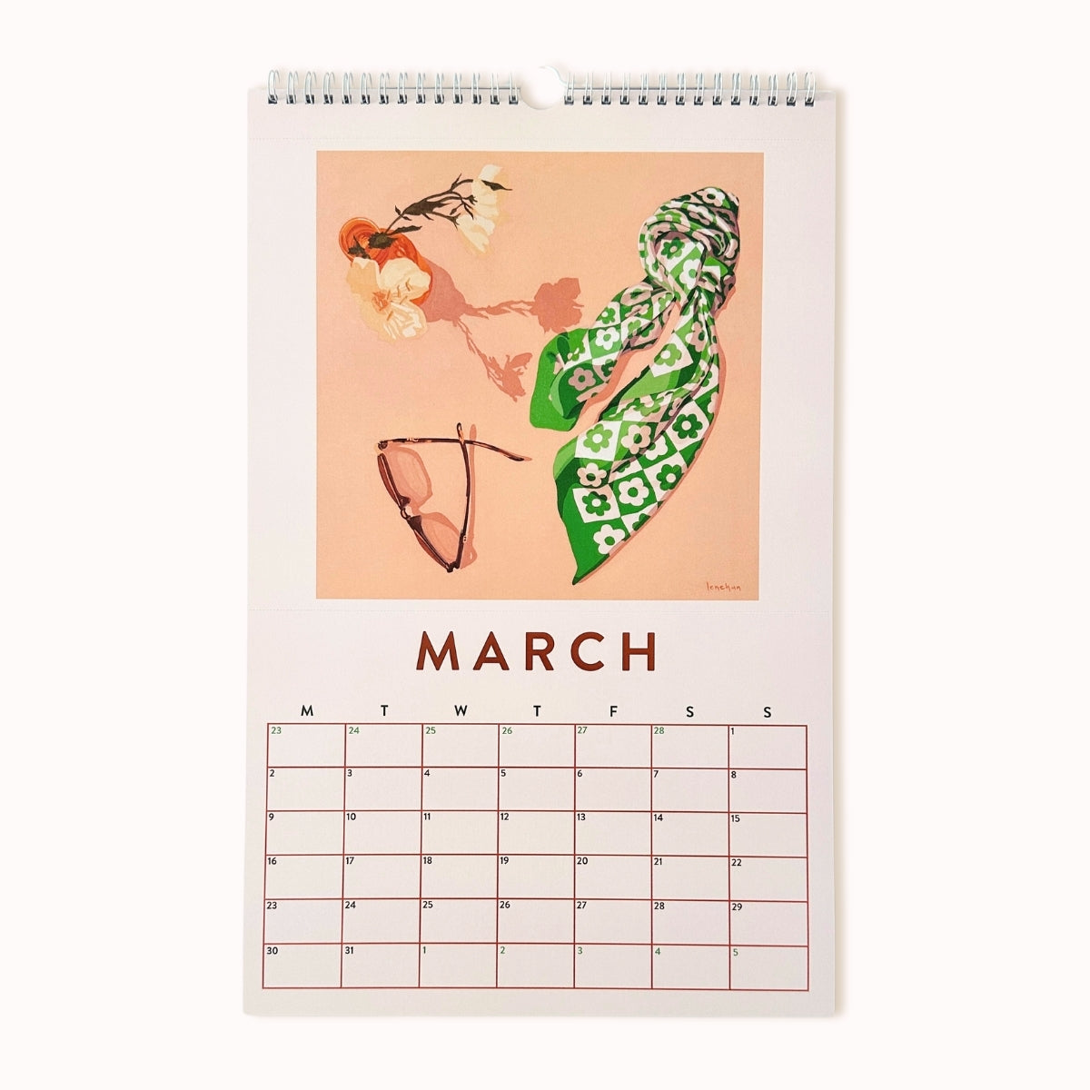 Calendar for March with a design of sunglasses and a green patterned scarf on a peach background.