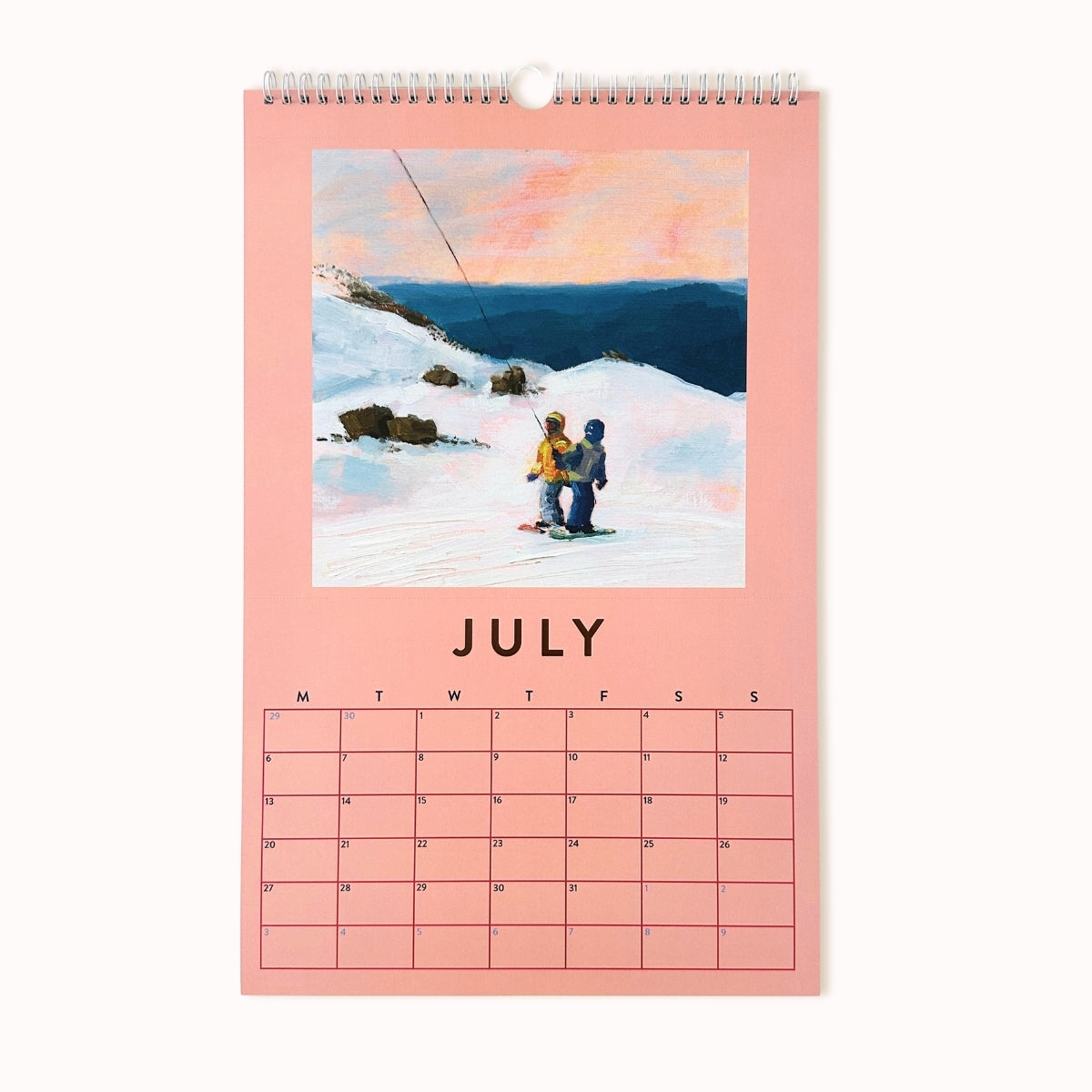 Calendar for July showing a snowy landscape with two people and a pink border.