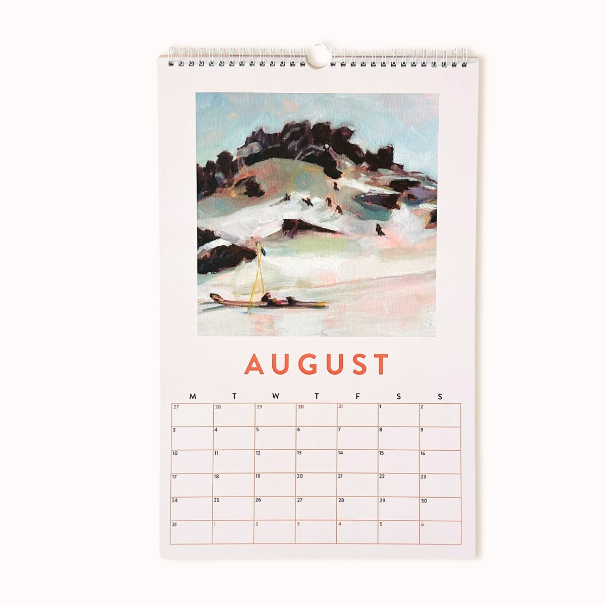 Calendar for August with a scenic illustration on a white background