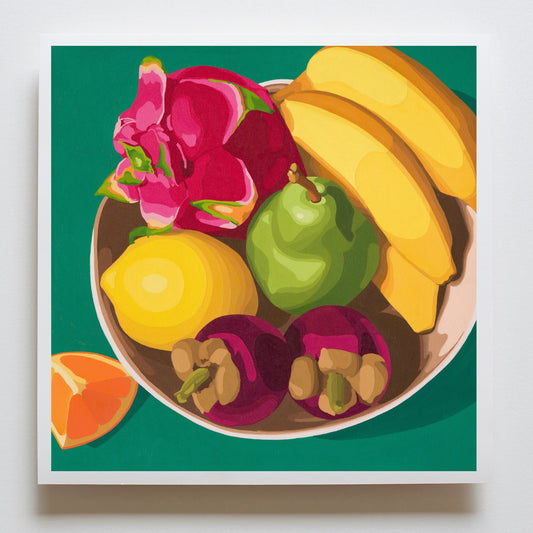 fine art print of a colorful and modern original oil painting of bright and vibrant yellow lemon green pear pink dragonfruit purple mangosteens yellow bananas orange slice on a teal background with strong shadows