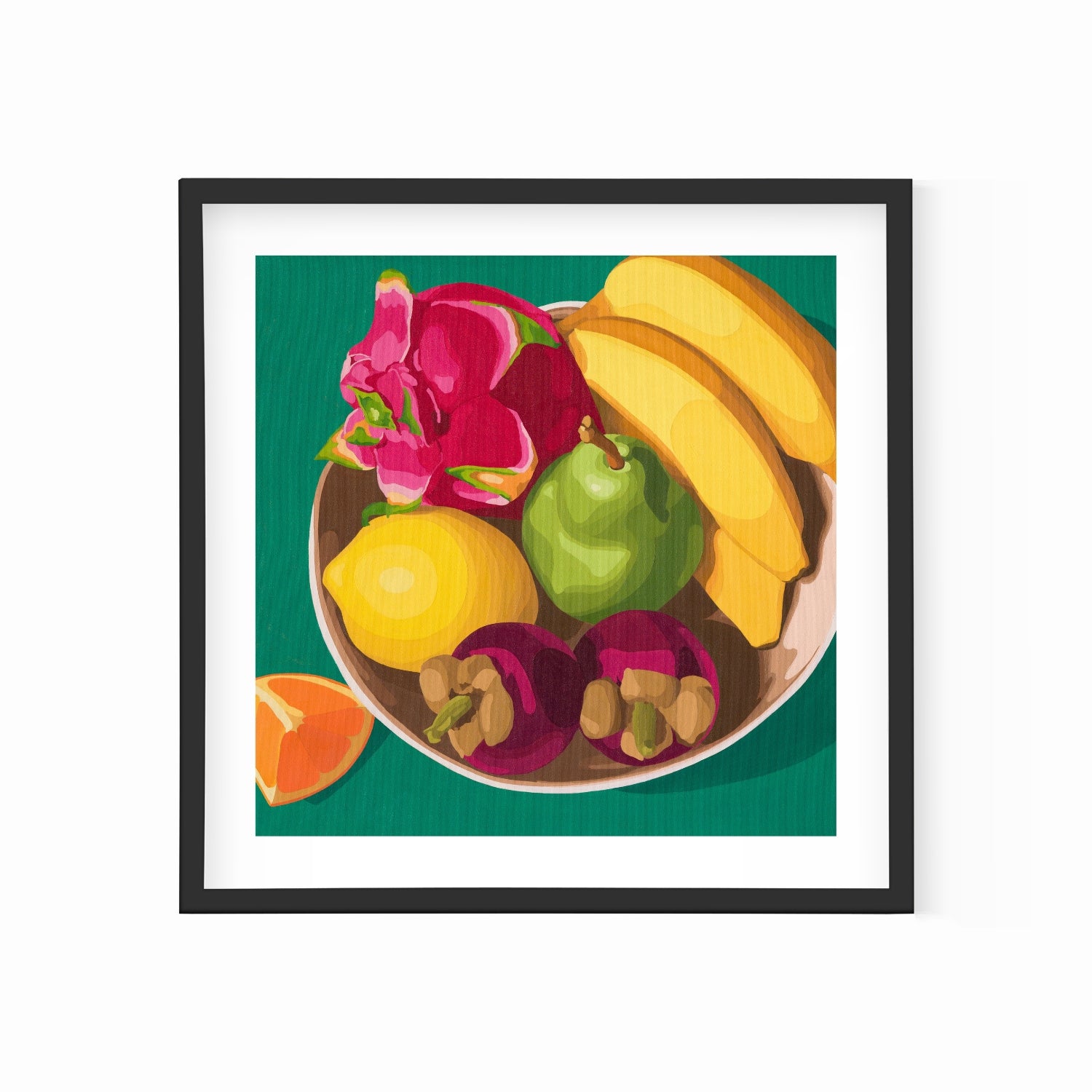 fine art print of a colorful and modern original oil painting of bright and vibrant yellow lemon green pear pink dragonfruit purple mangosteens yellow bananas orange slice on a teal background with strong shadows
