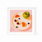 fine art print of a colorful and modern original oil painting of bright and vibrant green apple mandarin slices cherries and blueberries with pomegranate seeds on a cream plate and pink background with strong shadows