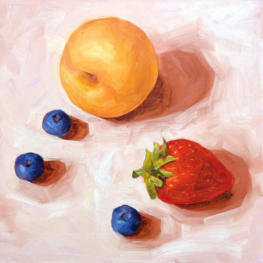 contemporary and modern original oil painting of fruits such as apricot, strawberry and blueberries on a textured creamy colored background