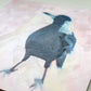 contemporary and modern oil painting of a navy blue and white baby magpie on a textured soft pink background