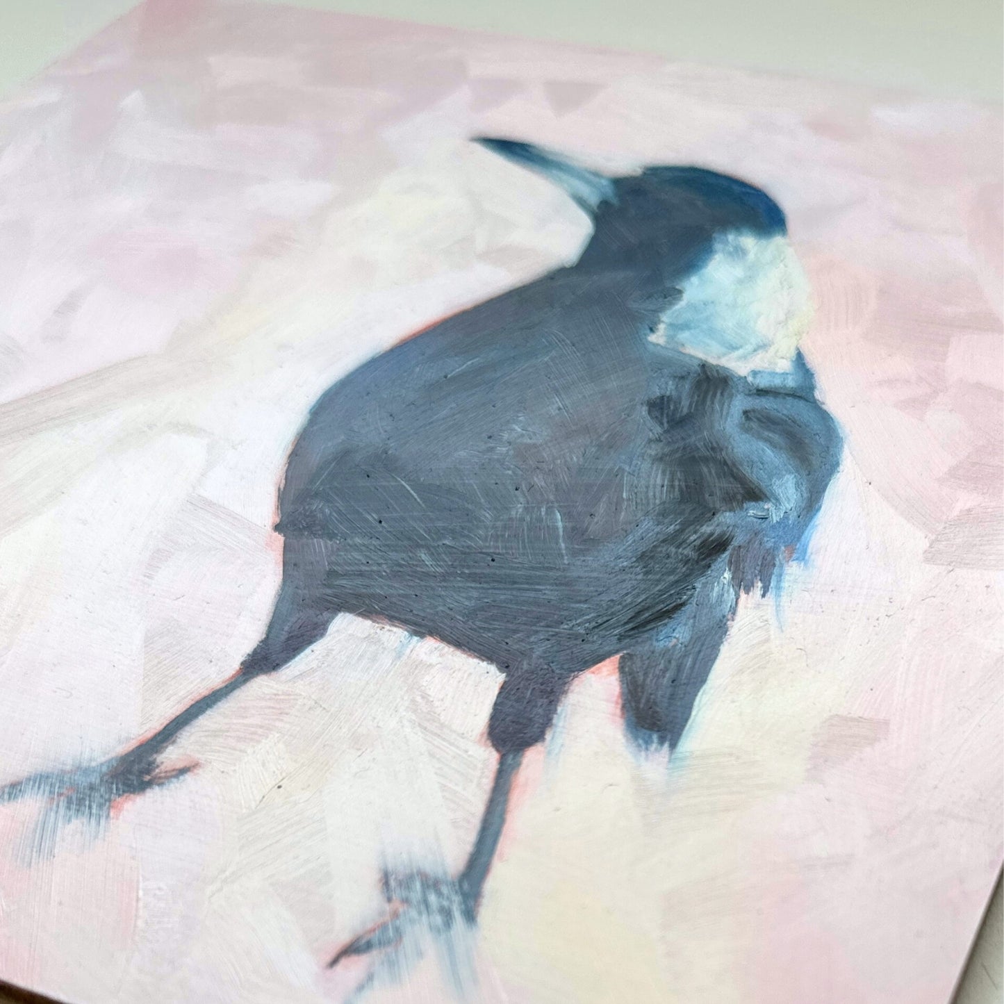 contemporary and modern oil painting of a navy blue and white baby magpie on a textured soft pink background