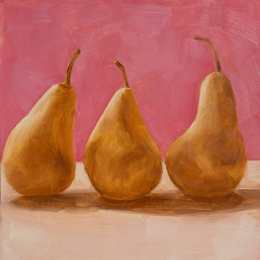original oil paintings of three beurre Bosc pears on a warm pink and creamy background