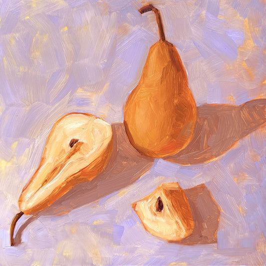 original oil painting of three deep yellow orange beurre Bosc pears on a textured lilac background