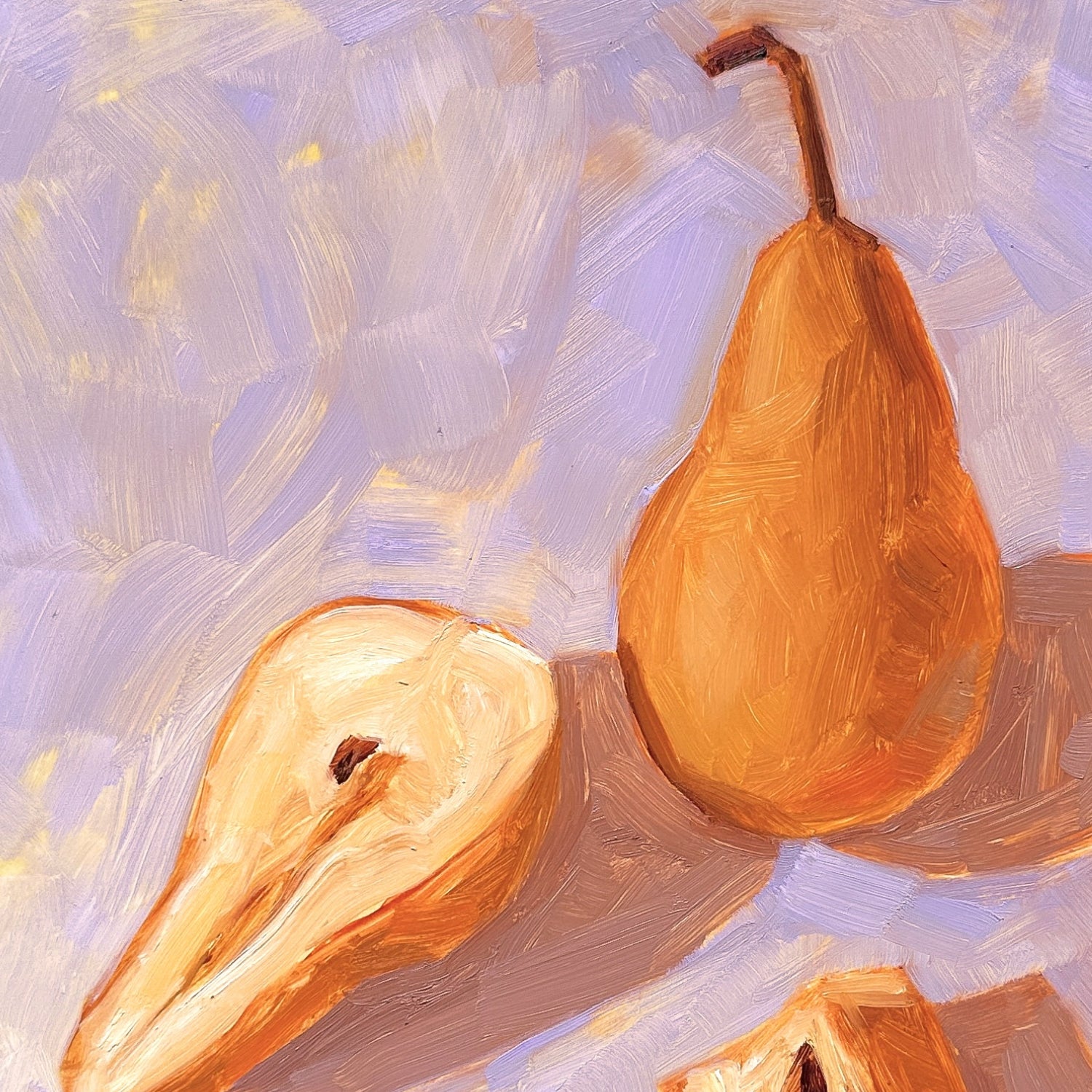 closeup of an original oil painting of three deep yellow orange beurre Bosc pears on a textured lilac background